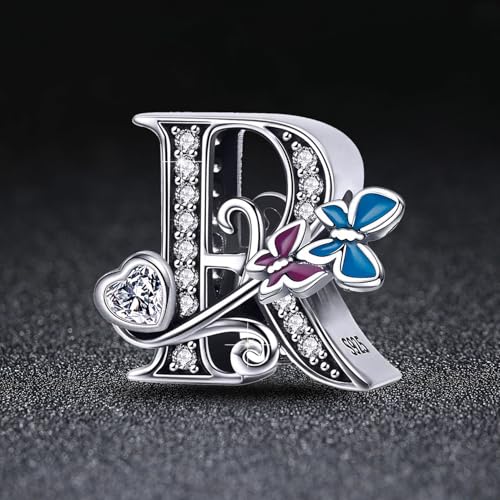 S925 Silver Butterfly Initial Letter Charms Fit for Pandora Charms Bracelets and Necklace Alphabet Bead Charms Jewelry Gifts for Women - color: R