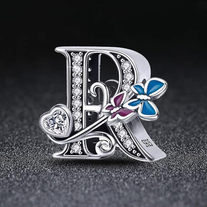 S925 Silver Butterfly Initial Letter Charms Fit for Pandora Charms Bracelets and Necklace Alphabet Bead Charms Jewelry Gifts for Women - color: R