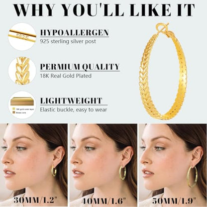 JEMARA Silver Hoop Earrings for Women Hypoallergenic 925 Sterling Silver Post Hoop Earrings Lightweight Thick Large Silver Hoop Earrings 30/40/50MM - color: Gold-30MM