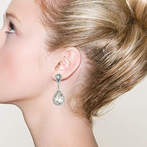 Classic Austrian Crystal Tear Drop Clip on Dangle Earrings for Women - color: White,Silver
