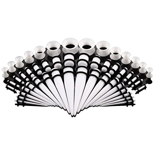 50-Piece Ear Gauges Stretching Kit, 14G-00G | Acrylic tapers and plugs with soft silicone tunnels, body piercing jewelry for women and men - color: White