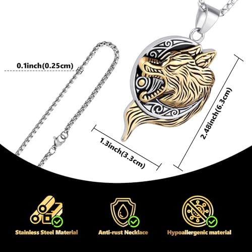 Stainless Steel Gothic Y2K Punk Rock Emo Biker Pendant Necklace | Cosplay Vintage Viking Alt Edgy Fashion Charm Necklace Jewelry for Men Women Active Daily Wear - style: Wolf Head Moon Medallion Gold