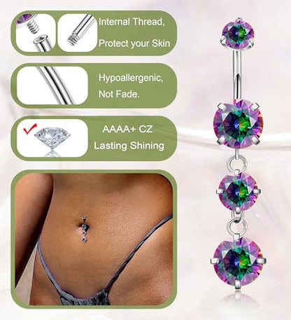 G23 Titanium Dangle Belly Button Rings for Women Dangling Navel Rings CZ Belly Rings Curved Barbell Internally Threaded Belly Piercing Jewelry - color: Rainbow