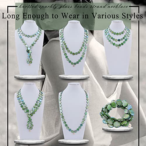 Firstmeet Flat Round Coin Shell Beads Long Knotted Necklace Natural Mother of Pearl Handmade Jewelry For Women - color: Green AB
