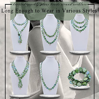 Firstmeet Flat Round Coin Shell Beads Long Knotted Necklace Natural Mother of Pearl Handmade Jewelry For Women - color: Green AB