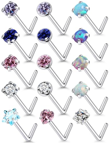 15 Pcs 18G 20G Surgical Steel Nose Rings Studs for Women Opal Nose Rings Diamond CZ Nose Studs L Shaped Nose Nostril Piercing Jewelry Hypoallergenic - style: 18G,L Shaped