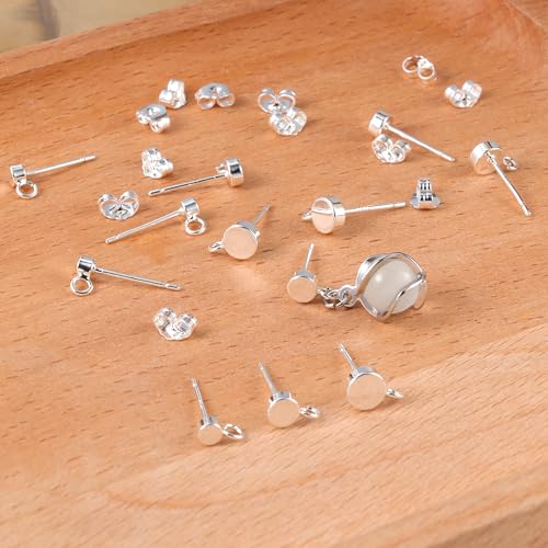 925 Sterling Silver Earrings Making Flat Studs Posts with Loop Ear Backs | Hypoallergenic 3/4/5mm Ball/Flat Stud Post Replace Butterfly Ear Backs for Dangle Charm Pendant Earring Jewelry Making Set - color: Flat_Silver