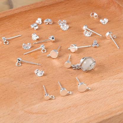 925 Sterling Silver Earrings Making Flat Studs Posts with Loop Ear Backs | Hypoallergenic 3/4/5mm Ball/Flat Stud Post Replace Butterfly Ear Backs for Dangle Charm Pendant Earring Jewelry Making Set - color: Flat_Silver