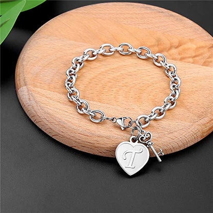M MOOHAM Heart Initial Bracelets for Girls Women - Engraved 26 Letters Initial Charms Bracelet Stainless Steel Bracelet Birthday Christmas Jewelry Gift for Women Teen Girls - style: T - Heart