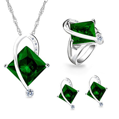 Uloveido Charm Created Topaz Big Square Crystal Necklace Matching Stud Earrings Rings Jewelry Set T295 - color: Green