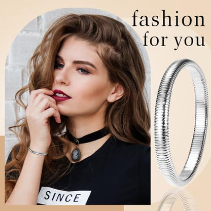 NMQLX Women's Elastic Bangle Bracelets: Stainless Steel Gold Chunky Wristband Bracelets - color: Silver - 8mm