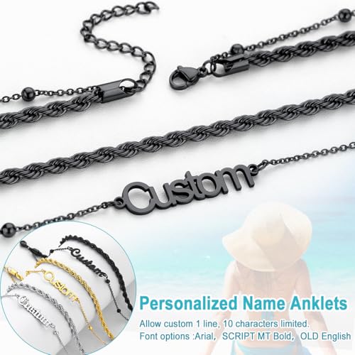 U7 Custom Layered Ankle Bracelets for Women Stainless Steel Bead/Cuban/Figaro/Rope/Wheat Chain Anklet Waterproof Anklet Jewelry for Beach Vacation - color: c-Black-Rope Chain