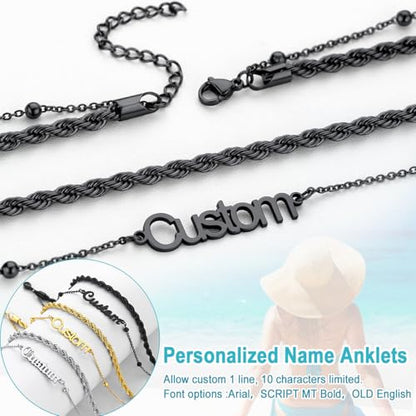 U7 Custom Layered Ankle Bracelets for Women Stainless Steel Bead/Cuban/Figaro/Rope/Wheat Chain Anklet Waterproof Anklet Jewelry for Beach Vacation - color: c-Black-Rope Chain