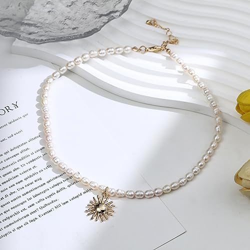 wgoud Natural Freshwater Pearl Choker Necklace for Women, Trendy 14K Gold Plated Pearl Necklaces Handmade Jewelry Gift - color: Sun Necklace
