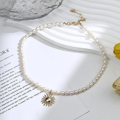 wgoud Natural Freshwater Pearl Choker Necklace for Women, Trendy 14K Gold Plated Pearl Necklaces Handmade Jewelry Gift - color: Sun Necklace