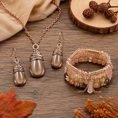 Boho Earrings Necklace Bracelet Set Stackable Stretch Beaded Bracelets Gold & Brown Boho Jewelry Accessories for Women