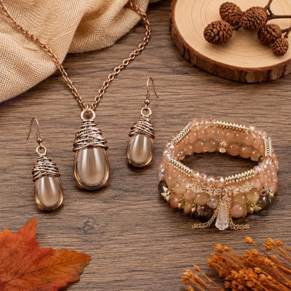 Boho Earrings Necklace Bracelet Set Stackable Stretch Beaded Bracelets Gold & Brown Boho Jewelry Accessories for Women
