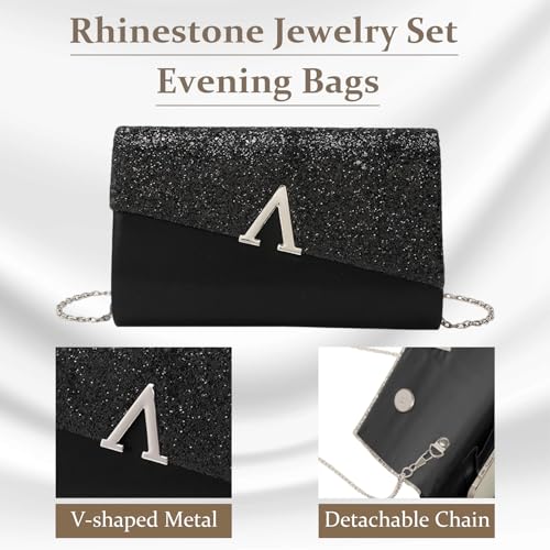 YYW 4 Pieces Women Evening Handbags Clutch Purse Bag with Rhinestone Crystal Jewelry Set for Wedding Party - color: black