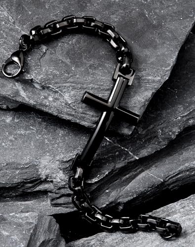 Stainless Steel Mens Cross Bracelet - 18K Gold Plated 316L Christian - Religious Jewelry for Women - color: Black Rhodium plated