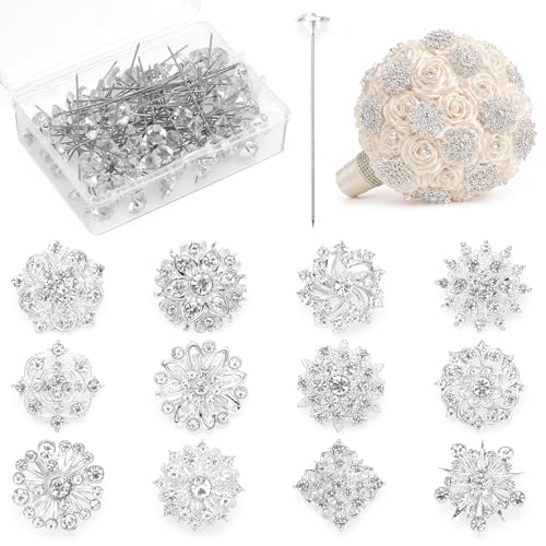 112 Pcs Sliver Crystal Wedding Bouquet Brooches for Women, Rhinestone Flower Brooch Pins Corsage Boutonniere Stick Pins for DIY Wedding Party Bouquets Embellishment Crafts Decor