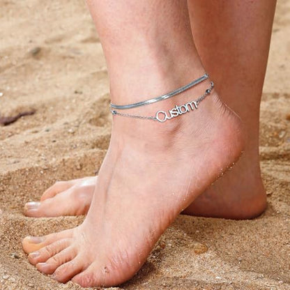ChainsHouse Double Layer Anklet Bracelet for Women,Adjustable Chain Anklets Stackable Dainty Anklets,Stainless Steel/Gold Plated/Black Ankle Jewelry Gifts - color: A-Silver-Snake Chain