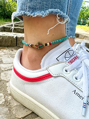Made by Nami Boho Surfer Anklet Waterproof & Adjustable Beaded Anklets for Women Beachy Ankle Bracelet Made from Waxed Cotton Rope and Beads for Summer and Hippie Style - color: Blue