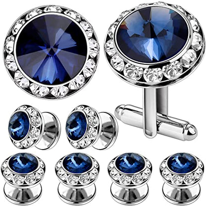 AMITER Crystal Cufflinks and Tuxedo Studs for Men, Cuff Links Suits for Shirt Formal Dress Business Wedding Anniversary - color: Navy Blue