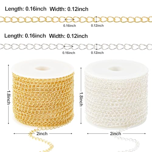 Kyutong 2 Rolls Gold and Silver Extender Chains Bulk for Jewelry Making | 3MM Wide Curb Links Stainless Steel Necklace Chains Spool with Lobster Clasps Jump Rings Jewelry Supplies for Crafts DIY - color: Curb Chain