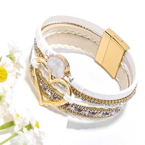 VIBILIA Boho Leather Wrap Bracelets for Women Multi-Layer Bracelets | With Strong Clasp Jewelry for Women - color: 01-Heart-White