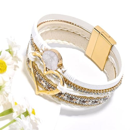 VIBILIA Boho Leather Wrap Bracelets for Women Multi-Layer Bracelets | With Strong Clasp Jewelry for Women - color: 01-Heart-White