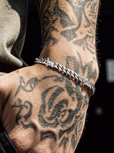 Bandmax Barbed Wire Chain Bracelets for Men Women Stainless Steel/Black/Gold Thorn Cuban Link Bracelet Adjustable Punk Emo Style Jewelry Gift - color: 04 5MM-Silver Tone