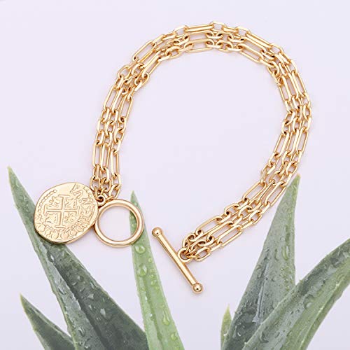 PEARLADA 18k Gold Plated Chain Layerd Bracelet Coin Charm Toggle Bracelet Trendy Cubic Zirconia Jewelry - color: 1. Tripple strand cross