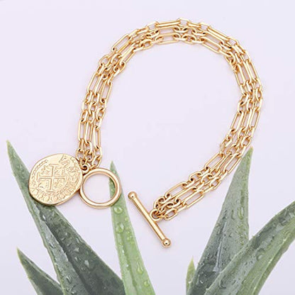 PEARLADA 18k Gold Plated Chain Layerd Bracelet Coin Charm Toggle Bracelet Trendy Cubic Zirconia Jewelry - color: 1. Tripple strand cross