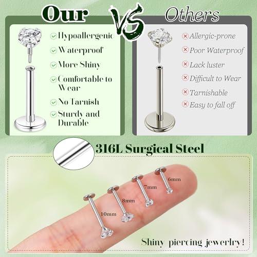 16G 18G 12Pcs Flat Back Stud Earrings 316L Surgical Steel Internally Threaded Stud for Women Tragus Labret Monroe Cartilage Helix Conch Studs Hypoallergenic Nose Stud Piercing Jewelry - color: Silver, size: 18G