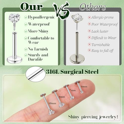 16G 18G 12Pcs Flat Back Stud Earrings 316L Surgical Steel Internally Threaded Stud for Women Tragus Labret Monroe Cartilage Helix Conch Studs Hypoallergenic Nose Stud Piercing Jewelry - color: Silver, size: 18G