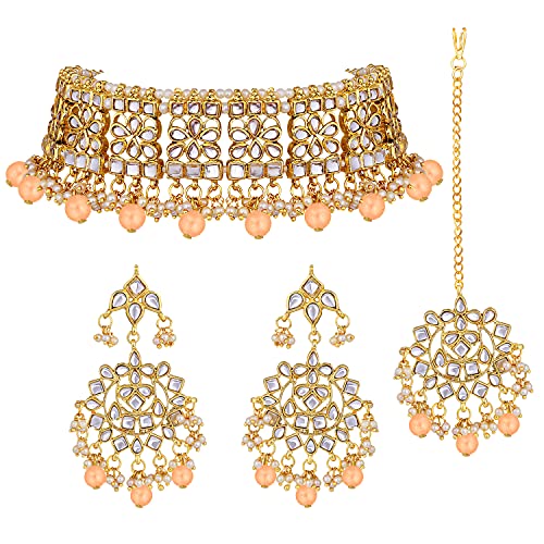 Aheli Elegant Indian Faux Kundan Studded Choker Necklace with Maang Tikka Set Ethnic Wedding Wear Bharatanatyam jewellery set Gift for Women - color: Peach