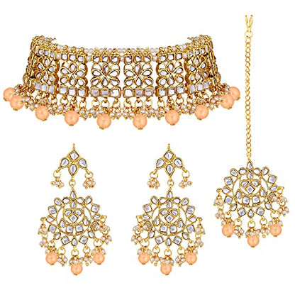 Aheli Elegant Indian Faux Kundan Studded Choker Necklace with Maang Tikka Set Ethnic Wedding Wear Bharatanatyam jewellery set Gift for Women - color: Peach