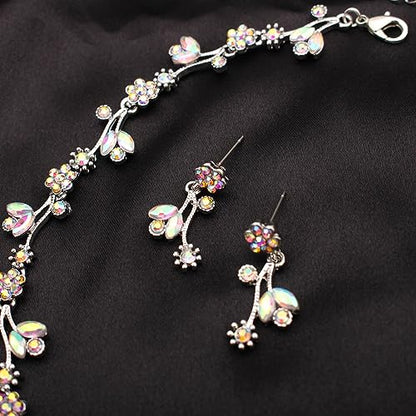 Elegant Brides Austrian Crystal Flower Choker Necklace Drop Dangle Earring Bracelet Wedding Jewelry Set for Bridesmaid Prom Costume Jewelry Set for Women - color: AB Crystal-Platinum Plated