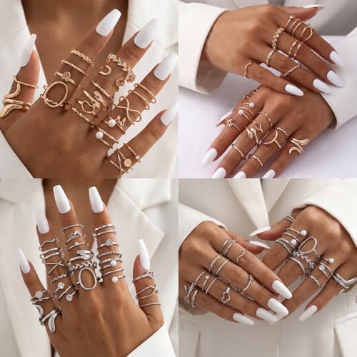 42-Piece Gold Tone Stackable Ring Set for Women, Boho Minimalist Stacking Rings with Crystal & Heart Accents, Adjustable Open Band Jewelry for Daily Wear - style: ZH00100