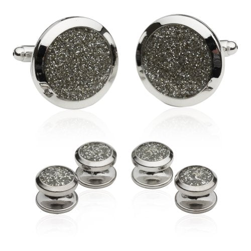 Cuff-Daddy Men's Silver Diamond Dust Tuxedo Cuff links and Studs Formal Set with Presentation Jewelry Box for Business Wedding Groomsmen Cufflinks & Shirt Accessories Special Occasions Wedding Party
