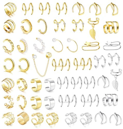 Dochais Ear Cuff Non Piercing for Women Cartilage Clip on Earrings | Gold and Silver Ear Cuffs Helix Cartilage, Fake Earrings, Wrap Earrings, Non Piercing Ear Clip Cartilage - style: A-52 Pcs(Gold/Silver)