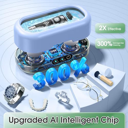 Professional Ultrasonic Jewelry Cleaner with Digital Timer,50KHz Ultrasonic Cleaner Machine with 304 Stainless Steel for Jewelry,Eyeglasses, Rings, Coin, Watch Strap, Dentures, Hygiene Items (Blue)