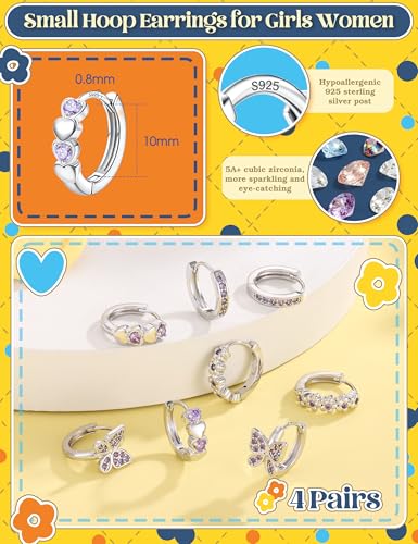925 Sterling Silver Post Small Hoop Earrings For Girls - Hypoallergenic Huggie Earrings for Women Cute Heart Flowers Butterfly Star Cubic Zirconia Cartilage Earrings For Sensitive Ears 4Pairs - color: Purple