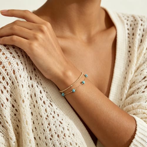 Gold Bracelets for Women Dainty 14K Gold Plated Layered Chain Bracelets Turquoise Green Aventurine Crystal Beaded Bracelets for Women - color: Turquoise