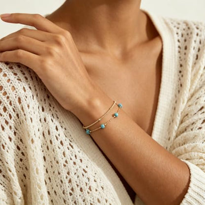 Gold Bracelets for Women Dainty 14K Gold Plated Layered Chain Bracelets Turquoise Green Aventurine Crystal Beaded Bracelets for Women - color: Turquoise
