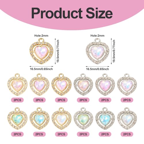 Elecrelive Crystal Heart Charms Rhinestone Heart Pendants Valentine Charms for Necklace Bracelet Earring Wedding Jewelry - color: 12 Colors Glass