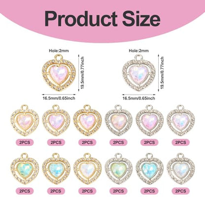 Elecrelive Crystal Heart Charms Rhinestone Heart Pendants Valentine Charms for Necklace Bracelet Earring Wedding Jewelry - color: 12 Colors Glass