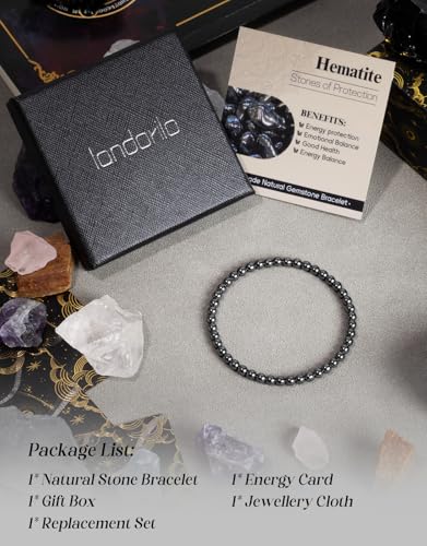 Natural Stone Beaded Bracelets for Men Women, 4mm 6mm 8mm | Healing Crystal, Protection Gemstone, Gift Packaging with Energy Card, Stretch Jewelry, Replacement Beads Included, 18 Stone - color: Hematite(Protection & Stabilization), size: 4mm
