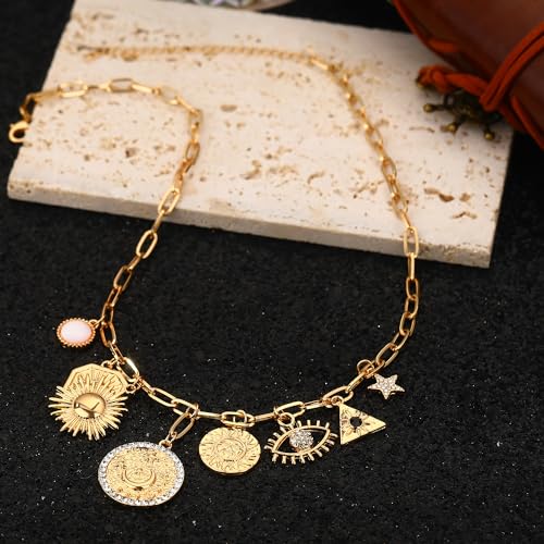 Charm Necklace for Women Gold Evil Eye Sun Moon Flower Coin Pendant Necklace Dainty Paperclip Chain Vintage Luck Amulet Choker Necklaces Celestial Jewelry Gift - style: 8 Coin Charms