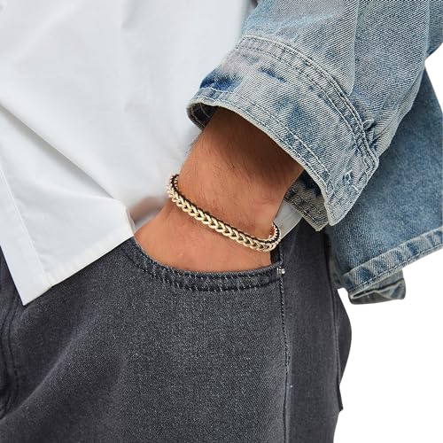 18K Gold-Plated Bracelets for Men Franco Link Chain Adjustable | Stainless Steel Bracelet, Gold Beads Bracelet, Handcrafted Braided, Mens Jewelry Birthday Gift for Men - color: Gold